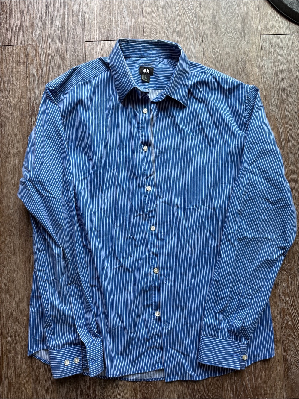 H&M Blue and White Narrow-Stripe Dress Shirt